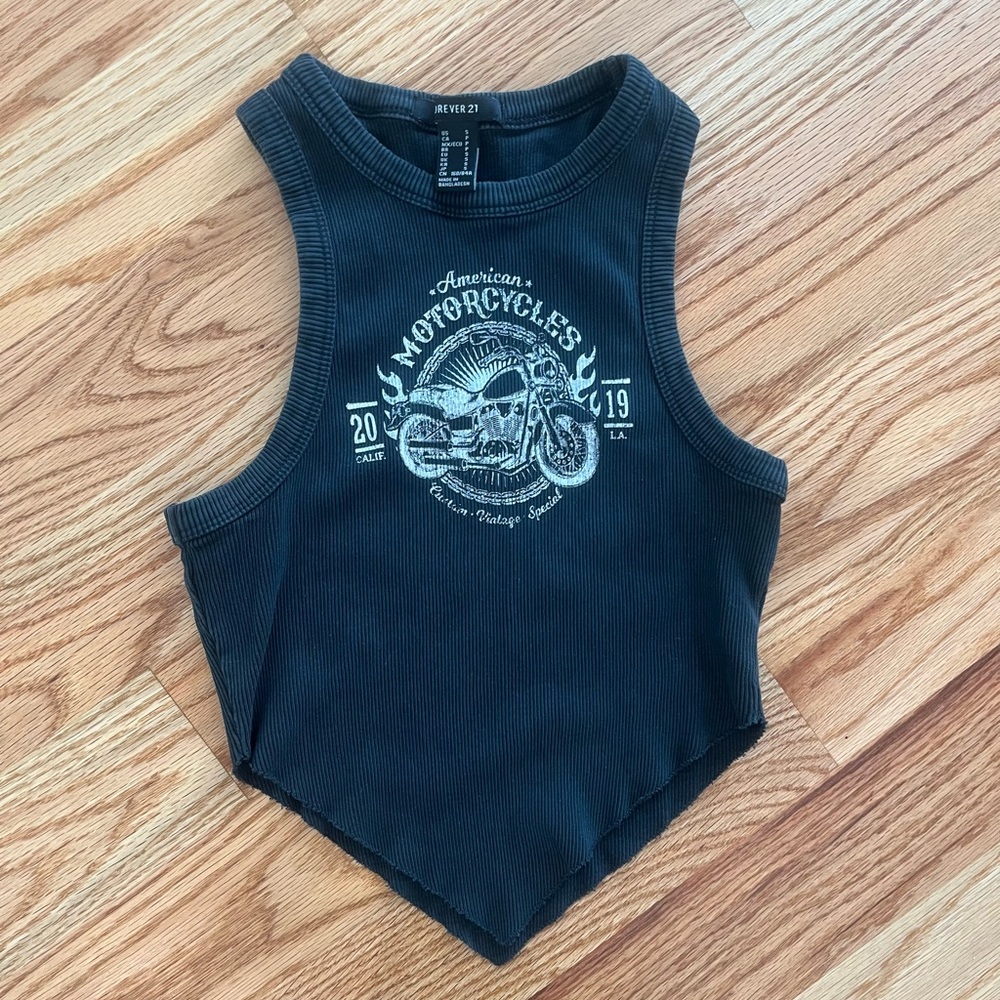 Forever 21 Charcoal Motorcycle Themed Ribbed Tank Top Size S